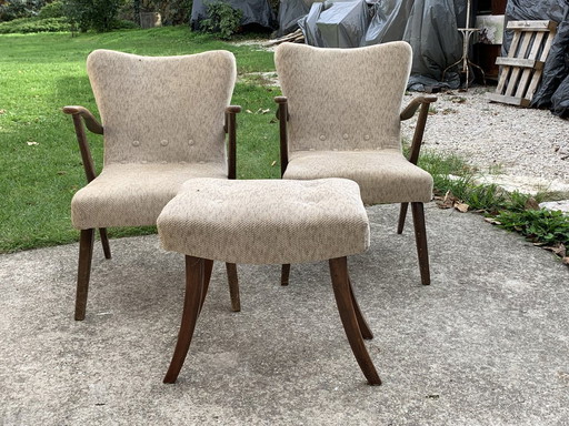 Art Deco Beistellstühle und Hocker, 1940er Jahre, 3er Set