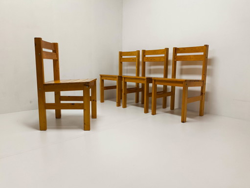 4x Vintage massief grenen eetkamerstoelen