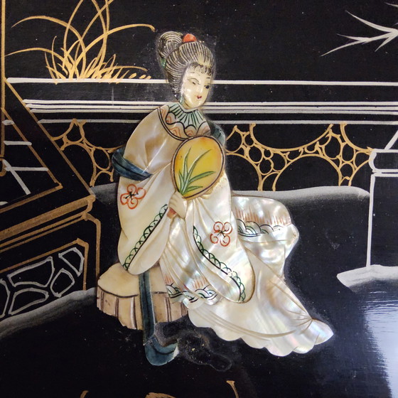 Image 1 of Vintage Chinese Lacquer Secretary / Desk with Mother-of-Pearl Overlay / Bohemian / Oriental Cabinet