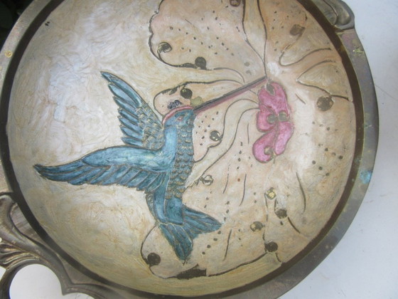 Messing und emaillierte Deckelschale und passende Servierplatte im Jugendstil – Schalen, Brass (photo 2 of 13)