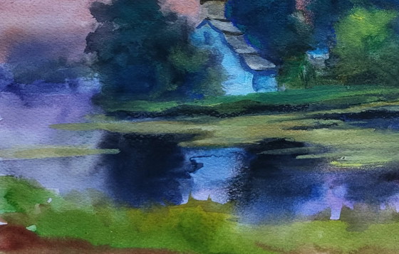 Original Watercolor Painting Nature Landscape Meadow Church Morning over the River – Paintings & Drawings (photo 6 of 7)