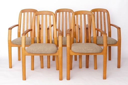 Set of 5 Dyrlund Oak Armchairs, Danish Mid Century Dining Chairs 1970s, Solid Oak Vintage Armchairs