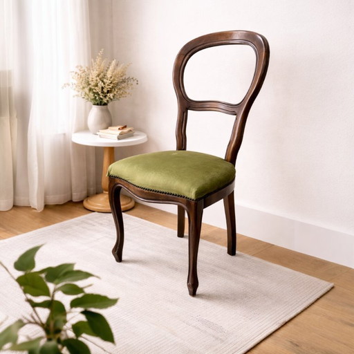 Vintage Holzstuhl im Louis-Philippe Stil | Grüner Polsterstuhl | Antiker Esszimmerstuhl | Massivholz Stuhl Shabby Chic