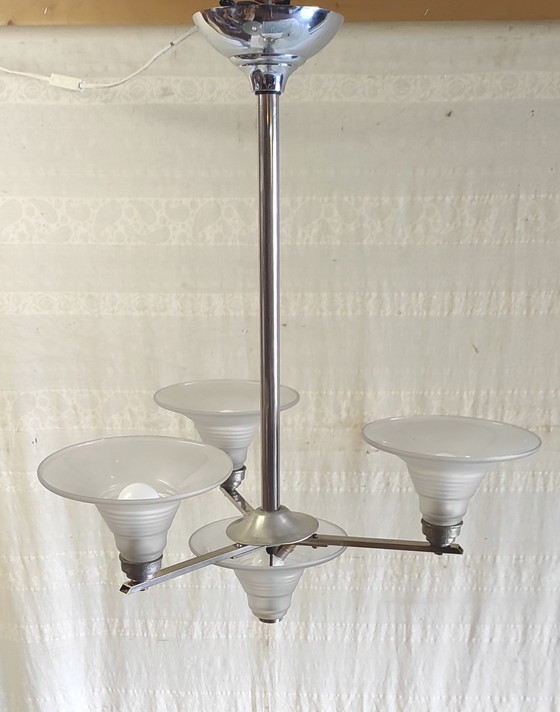 Image 1 of Art Deco kroonluchter met 4 lampen, gemaakt van metaal en glas - jaren 1930/40