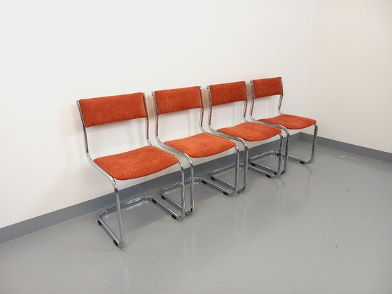 Image 1 of Suite of 4 vintage cantilever chairs in chromed metal and fabric from the 70s