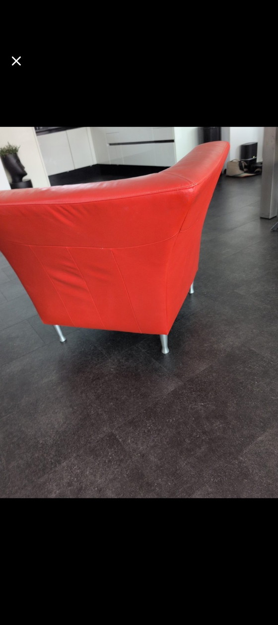 Image 1 of Montèl design fauteuil – rood leer met donkerbruin