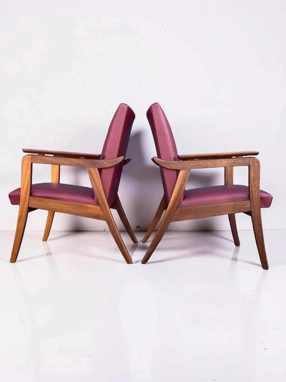 Vintage design armchair set – red skai and teak (1960s) (photo 11 of 13)