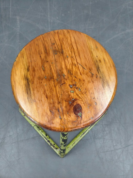 Image 1 of Industrial Metal and Wood Stool, Czechoslovakia, 1940s