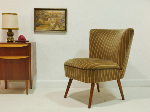 Vintage Cocktailsessel 60er Jahre, Mid Century Sessel, gestreifter Polsterstoff Oliv Braun Creme, Lounge Chair Germany