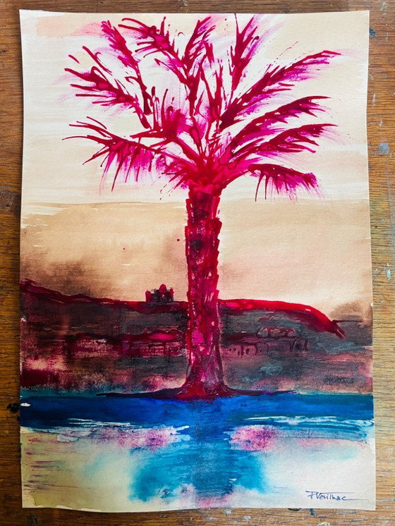 Image 1 of Acuarela firmada de un paisaje egipcio "Crepúsculo en el Nilo"