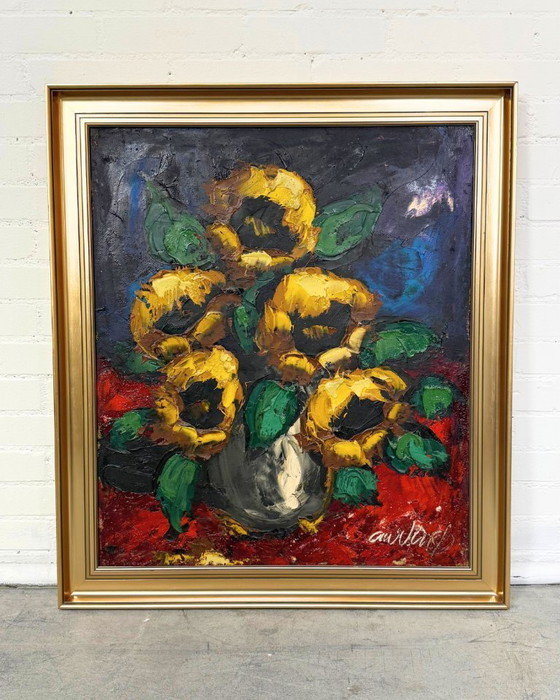 Image 1 of Ausdrucksstarke Sonnenblumen – Skandinavisches Ölgemälde aus der Mitte des 20. Jahrhunderts