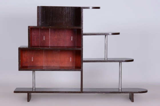Restored Artdeco Étagère, Oak, Glass, Chromed Steel, Czech, 1930s – Display cabinets, Wood (photo 8 of 8)