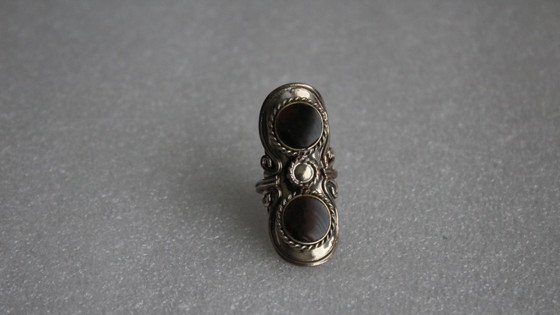 Image 1 of Large boho statement ring, handmade from alpaca silver with 2 small brown round semi-precious stones. Adjustable size.