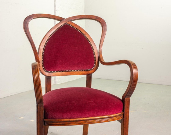 Image 1 of Red Velvet Heartshaped Wooden Vintage Design Side Chairs. Set of 2. 1950s.