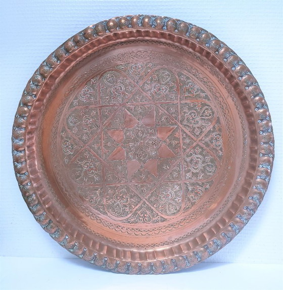 Image 1 of Marokkaanse koperen schaal, jaren 30, diameter 48 cm