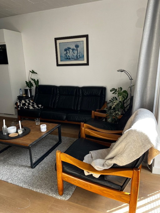 Ensemble canapé vintage en cuir noir design danois - 3 places + 2 fauteuils