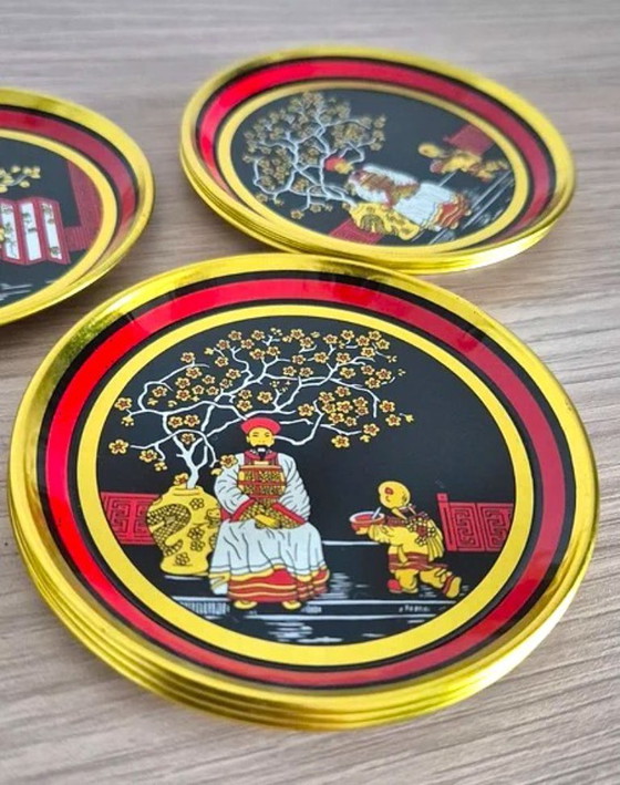 Image 1 of Vintage Set of 11 Coasters with Chinese Motif: Emperor and Geisha, 1970s
