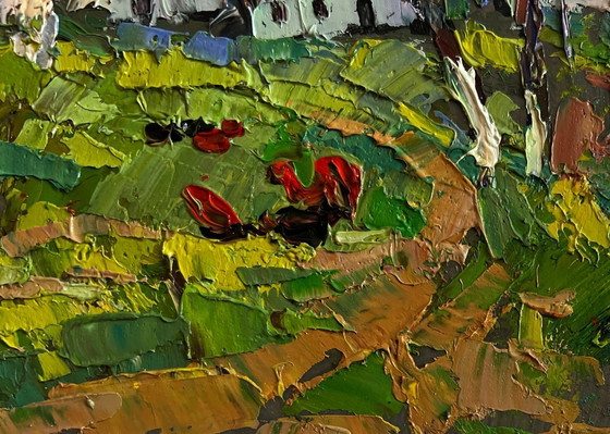 Image 1 of Original Oil Painting Day Village Landscape Spring scent of nature