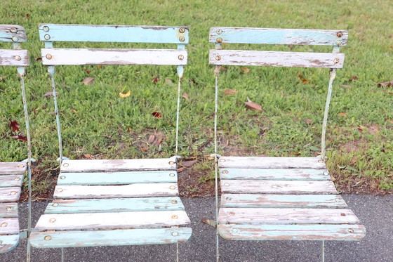 Image 1 of Set of 8 French Bistro Garden Folding Chairs in Iron and Wood Slats