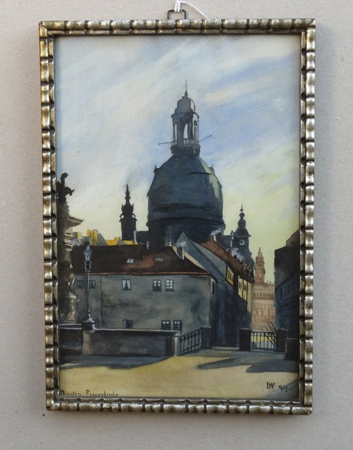 Art Deco Watercolour, 1917, Dresde "Frauenkirche", aquarel