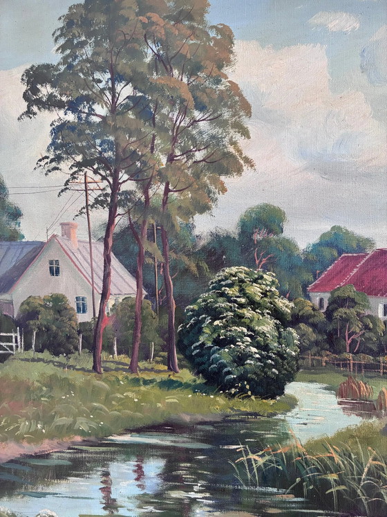 Image 1 of Peinture à l'huile originale vintage de grand paysage, signée, art champêtre