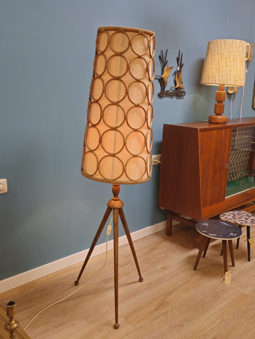 Vintage Vloerlamp Hout, Stof & Rotan Staande Lamp