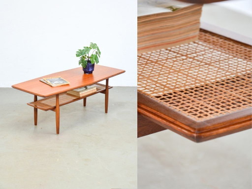 Vintage salontafel, rotan uit het midden van de vorige eeuw, teakhouten plank, Deens, jaren 60