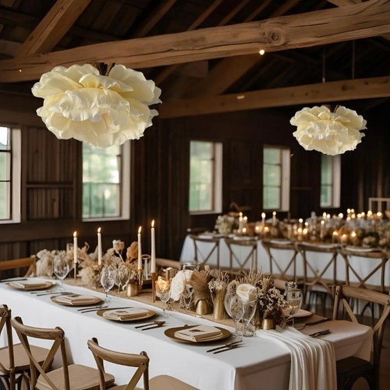 Image 1 of Rustic Cream Flower Chandelier – Handmade Crepe Paper Light Fixture