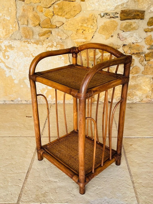 Mid-Century, Two-Tiered, Bamboo & Wicker Nightstand 1970s