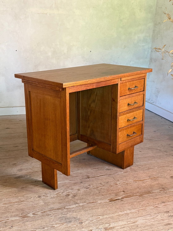 Vintage eikenhouten halfminister bureau – Brass, Art Deco (photo 4 of 11)