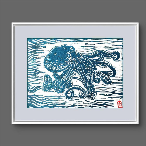 Image 1 of Pulpo en las olas del mar - Linograbado azul, a4.