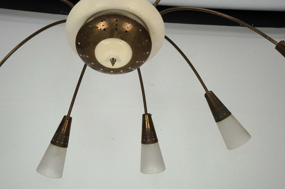 Image 1 of Large Italian Mid-Century Sputnik Brass Chandelier with Satin Glass, 1950s