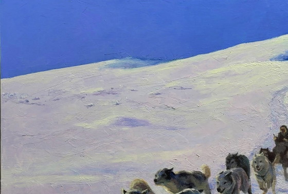 Image 1 of Pintura al óleo original: Paisaje nórdico con perros de trineo en las montañas.