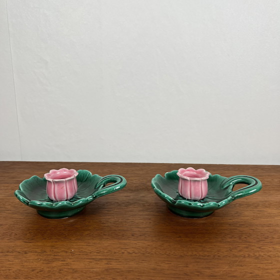 Image 1 of Duo portacandele vintage a forma di fiore Barbotine