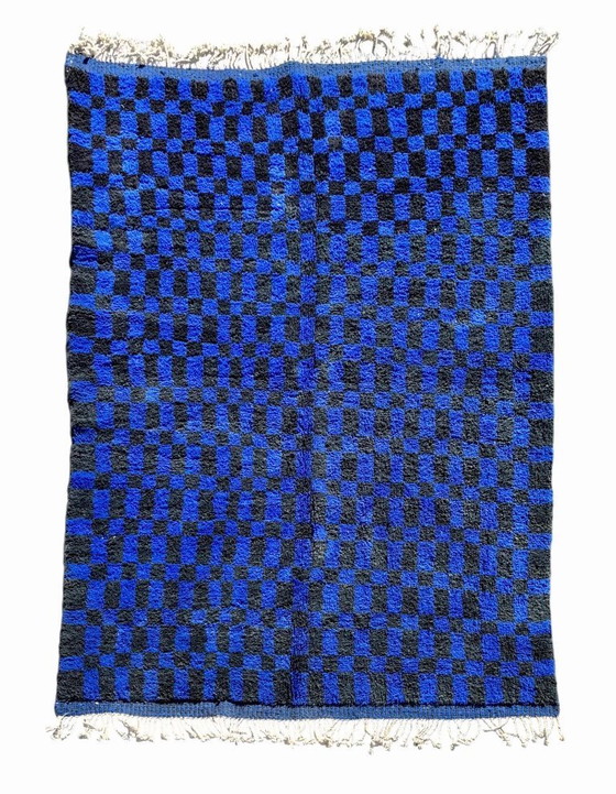 Image 1 of Handmade Moroccan Rug – Black & Blue Checkered Wool Carpet | Geometric Checkerboard Area Rug | Boho Vintage Style Home Decor
