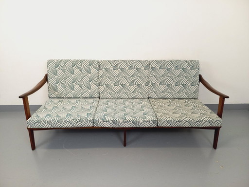Banquette canapé 3 places scandinave vintage Arne Wahl Iversen pour Komfort en teck et tissu des années 60