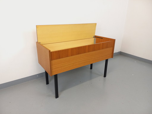 Vintage 70's Teak And Black Metal Storage Cabinet / Chest On Legs