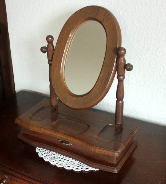Image 1 of Beautiful small vanity mirror/cosmetic mirror made of wood and glass with drawer - Vintage 80s