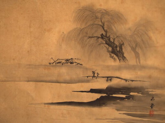 Antico kakejiku giapponese di un paesaggio a inchiostro su carta – Giappone, circa 1900 – Dipinti e disegni (photo 32 of 40)