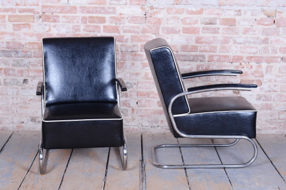 Paire de fauteuils Bauhaus restaurés, Mücke-Melder, cuir, chrome, tchèque, années 1930 – Leather, Metal (photo 9 of 12)