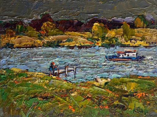 Originales Ölgemälde: Sommerliche Flusslandschaft, Segeln auf dem Fluss