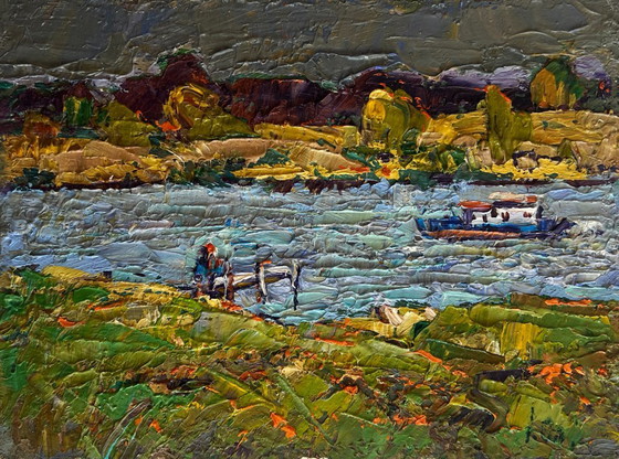 Image 1 of Original Oil Painting Summer River Landscape Sailing on the river