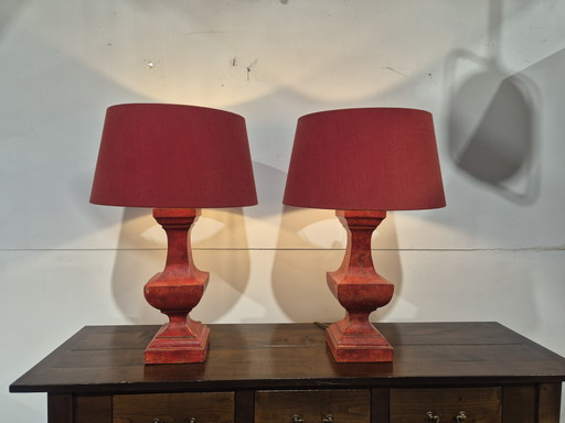French Red Gesso wooden Table Lamps with matching Shades
