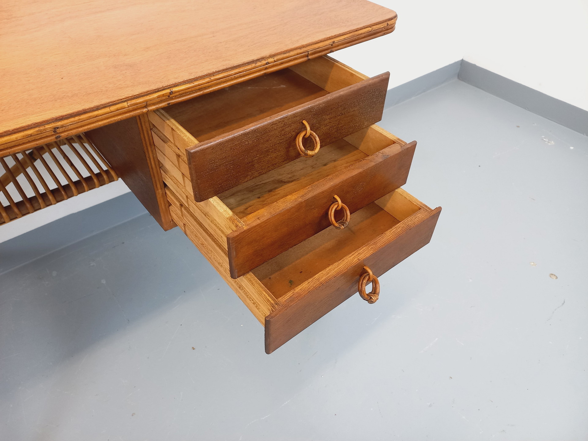 Vintage Louis Sognot desk in rattan and wood from the 60s