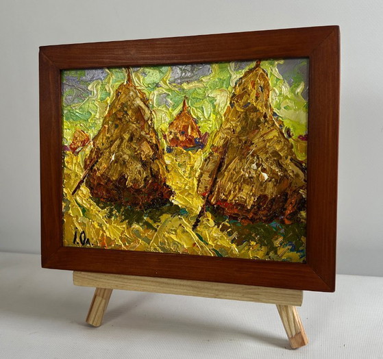 Image 1 of Original Oil Painting Summer Nature Landscape Fresh haystacks in the field