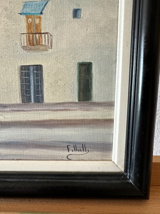 Vintage oil painting Mallorca “Mediterranean Alley” circa 1970s/80s – F. Llull – gallery frame Manacor