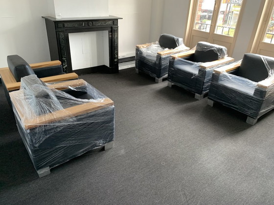 Image 1 of Set of 5 Alter Modus Vivendi armchairs in black leather, zebrano wood, and stainless steel legs