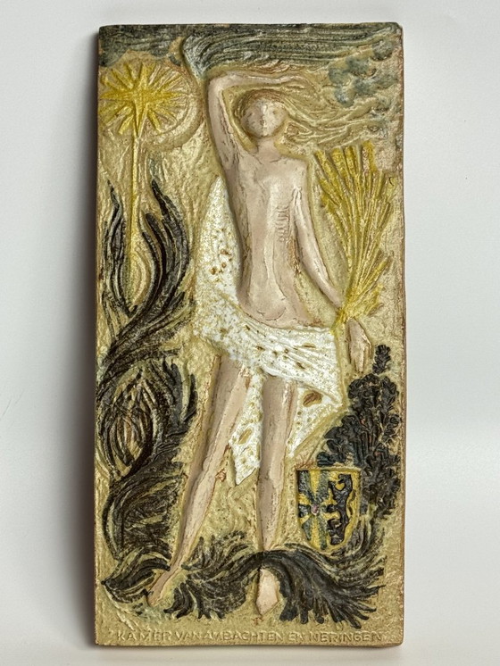 Image 1 of Belgian Ceramic Wall Plaquette with Female Figure and Sun Motif, 1970s
