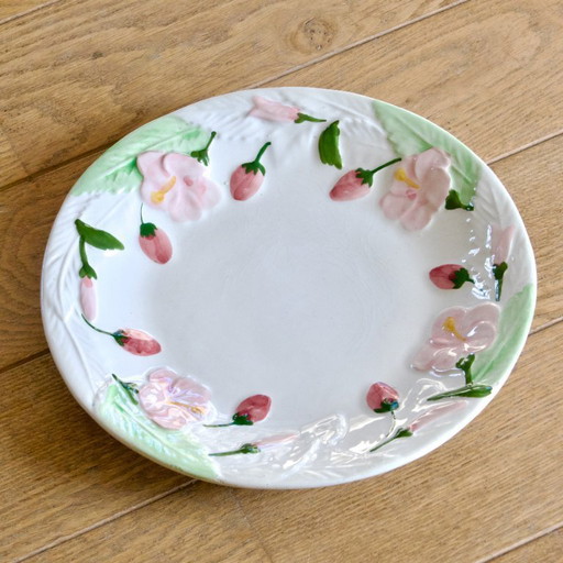Vintage Portuguese earthenware dish with strawberries and pink flowers
