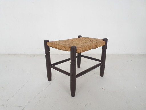 Tabouret vintage en rotin et bois, années 1960